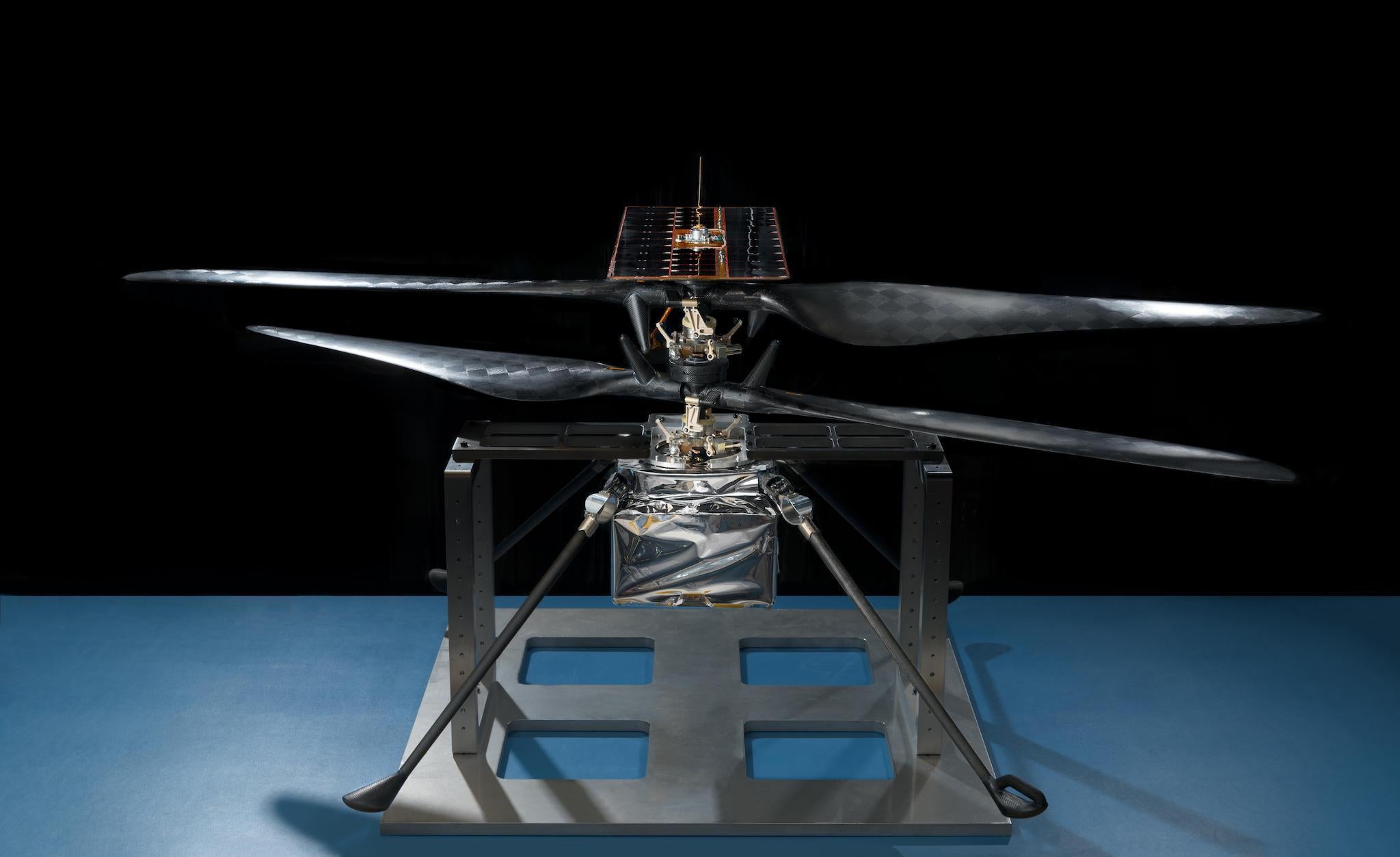This image of the flight model of NASA's Mars Helicopter was taken on Feb. 14, 2019, in a cleanroom at NASA's Jet Propulsion Laboratory in Pasadena, California