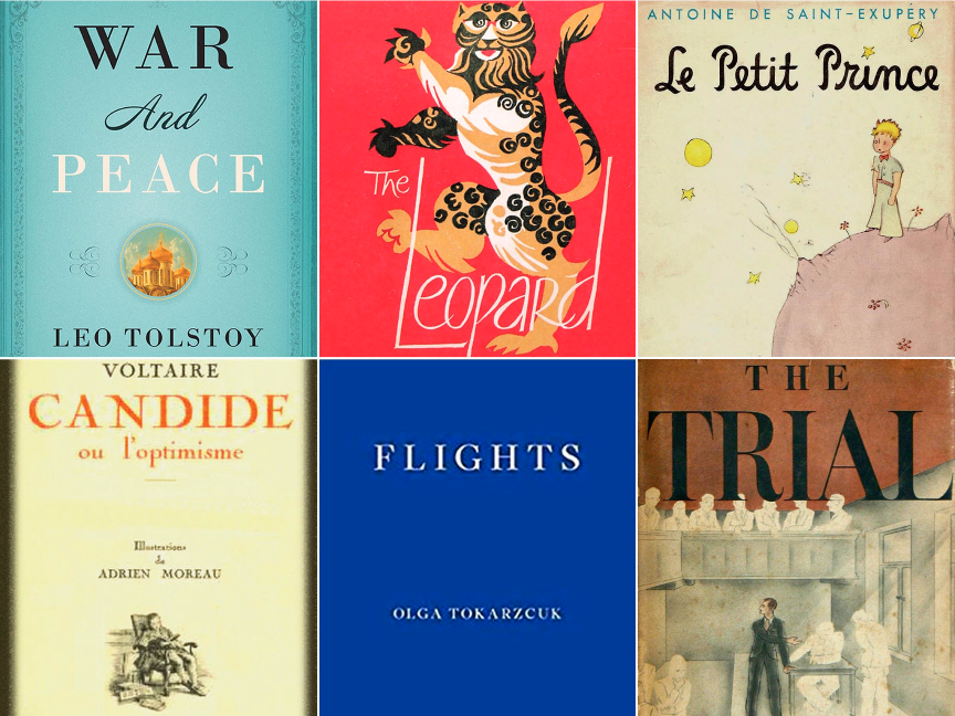 Left to right clockwise: War and Peace, The Leopard, Le Petit Prince, The Trial, Flights and Candide