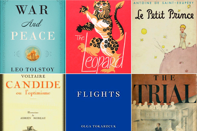 Left to right clockwise: War and Peace, The Leopard, Le Petit Prince, The Trial, Flights and Candide