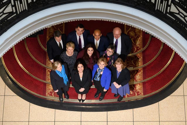 Independent Group member MPs (Back row L-R) Former Labour MPs  Chris Leslie, Gavin Shuker, Chuka Umunna and Mike Gapes, (centre row L-R) former Labour MPs Angela Smith, Luciana Berger and Ann Coffey, (front row L-R) former Conservative MPs Heidi Allen, Sarah Wollaston and Anna Soubry and Labour MP Joan Ryan after a press conference regarding the resignation of three MPs from the Conservative Party on February 20, 2019 in London