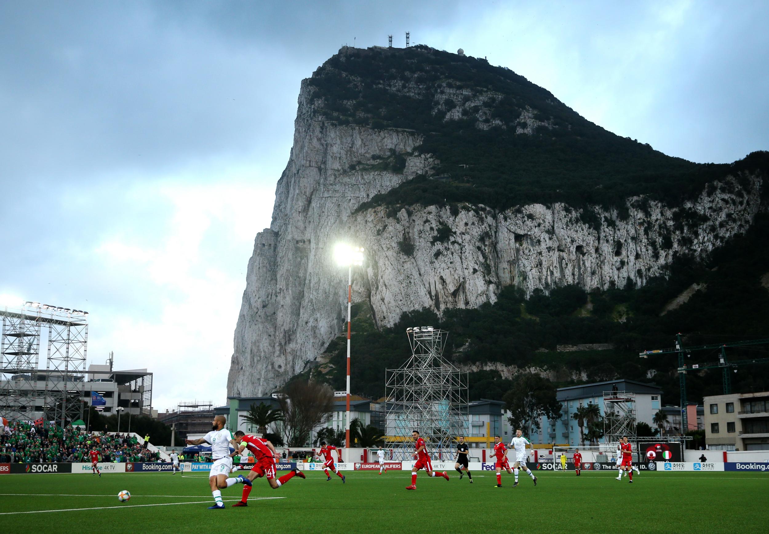 The Rock of Gibraltar looms over the players of the hosts and the Republic of Ireland during last March’s Euro 2020 qualifier at Victoria Stadium