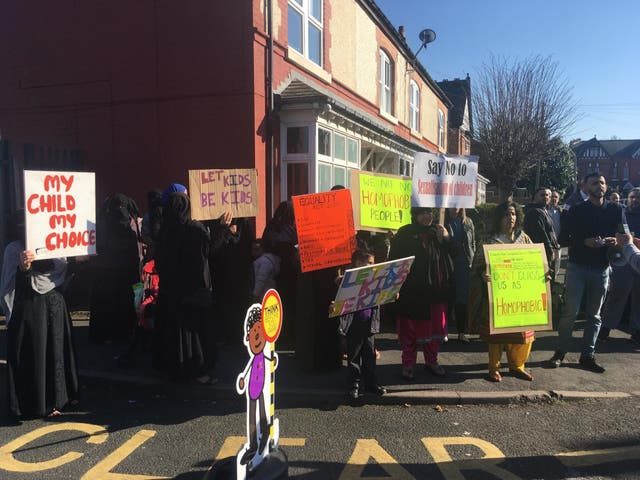 Protesters outside Anderton Park Primary School in Birmingham