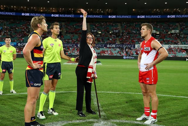 Double-amputee Cynthia Banham was the guest coin-tosser for the tie between Sydney Swans and Adelaide Crows