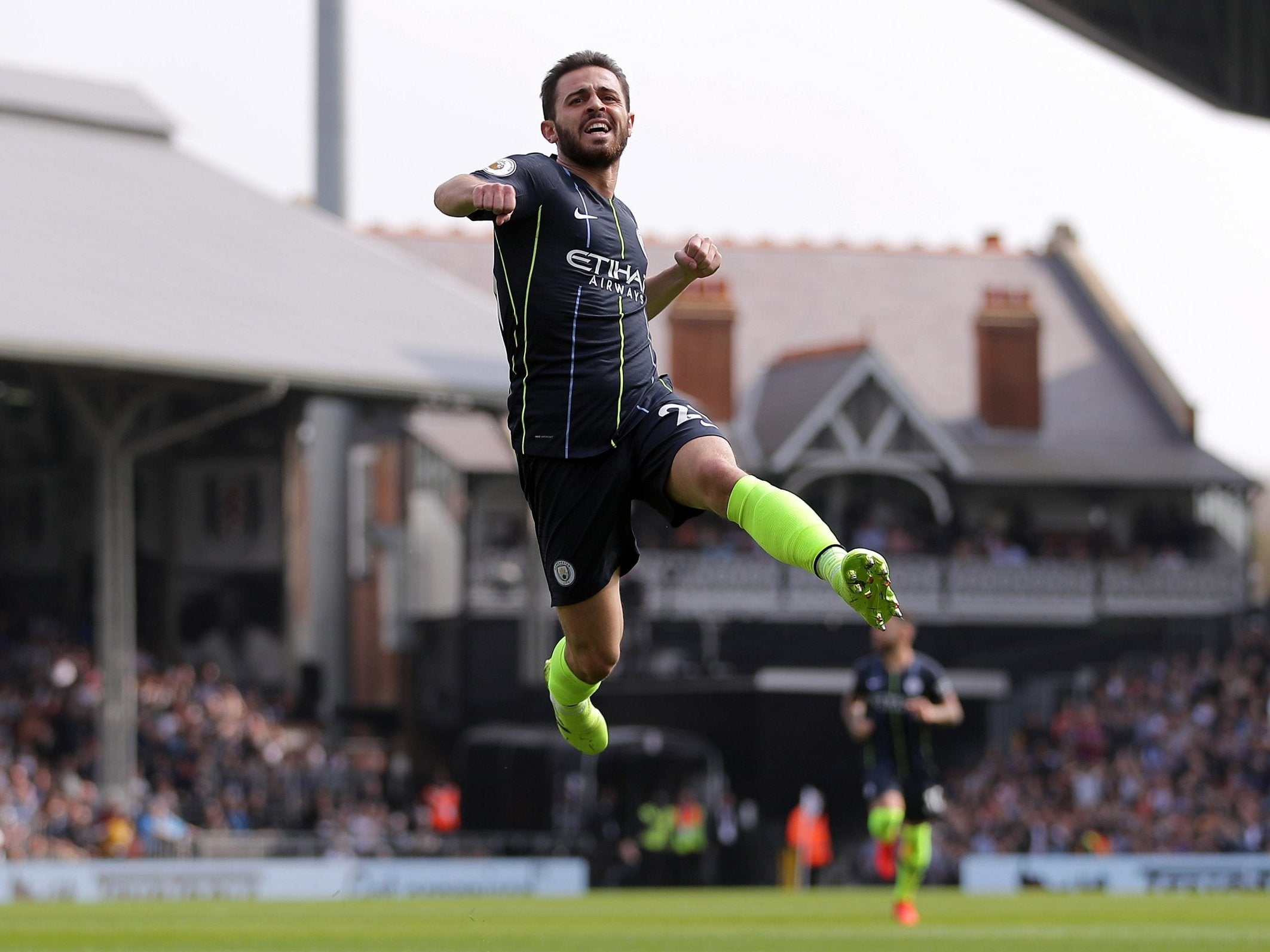 Bernardo Silva punches the air in delight after putting City ahead against Fulham