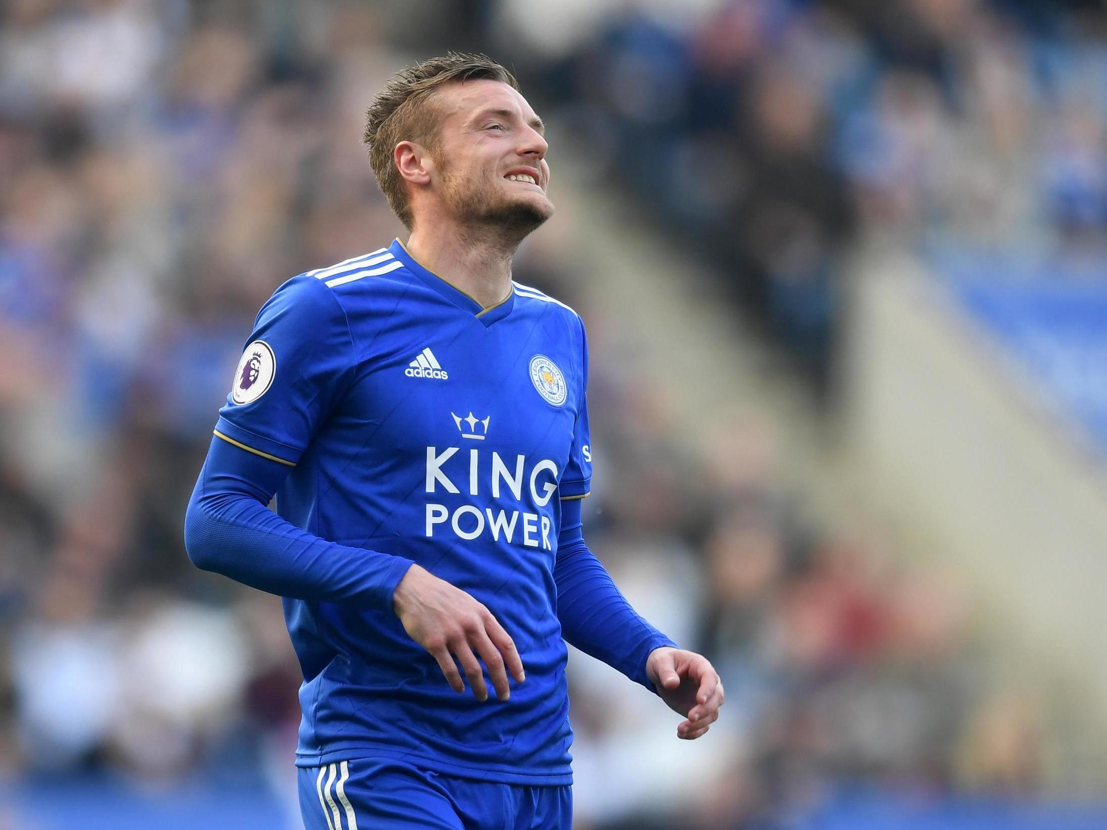 Jamie Vardy reacts after squandering an opportunity in front of goal