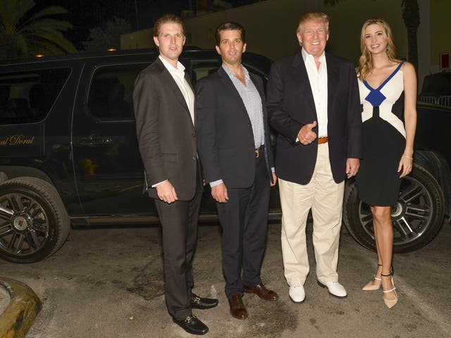 Eric Trump, Donald Trump Jr, Donald Trump, and Ivanka Trump arrive to The Opening Drive Party at Hyde Beach