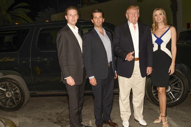 Eric Trump, Donald Trump Jr, Donald Trump, and Ivanka Trump arrive to The Opening Drive Party at Hyde Beach