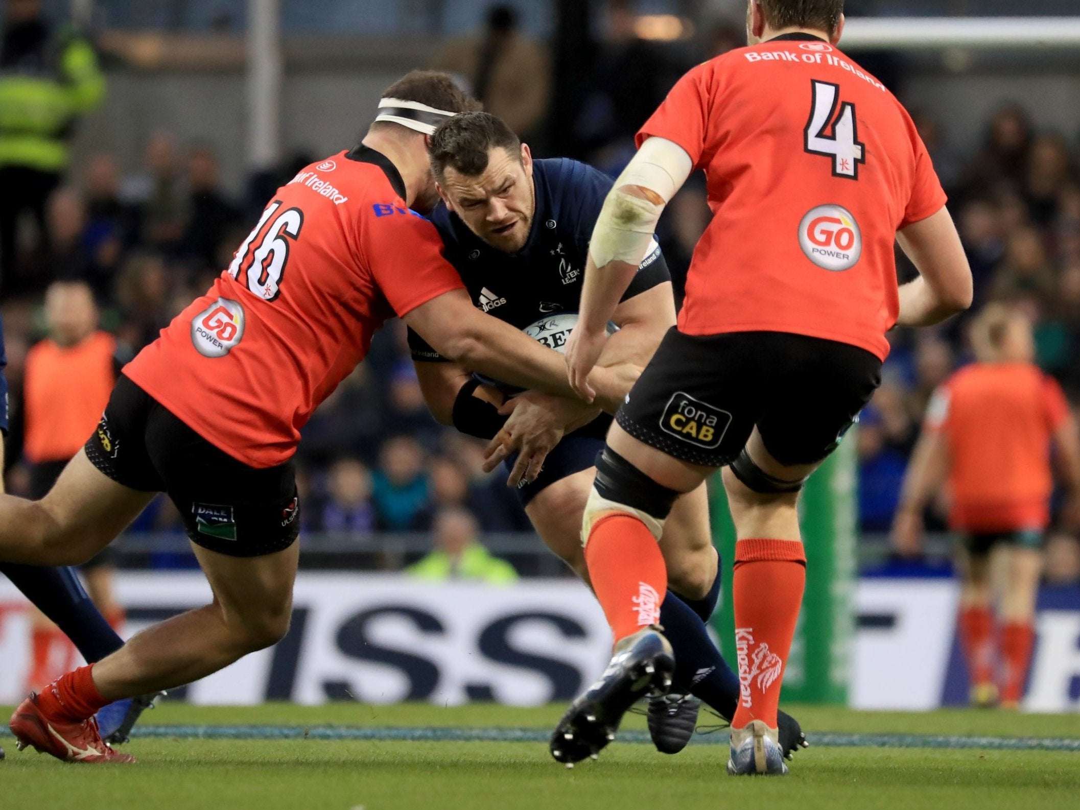 Cian Healey takes the ball into contact against Rob Herring