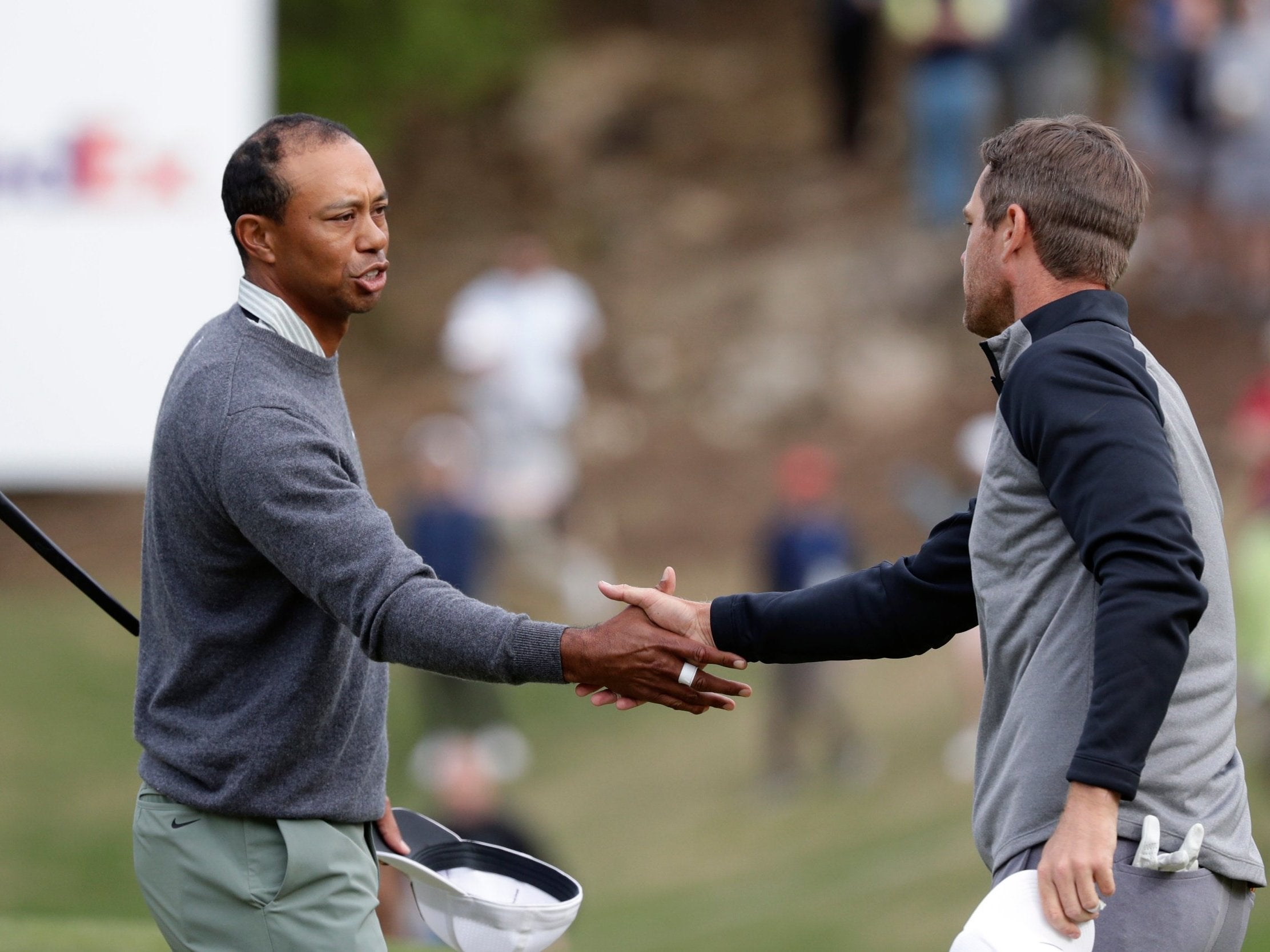 Tiger Woods congratulates Lucas Bjerregaard after their WGC Match Play quarter-final