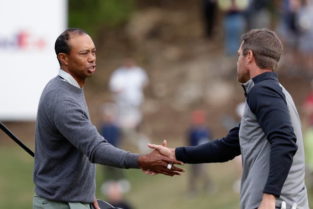Tiger Woods congratulates Lucas Bjerregaard after their WGC Match Play quarter-final
