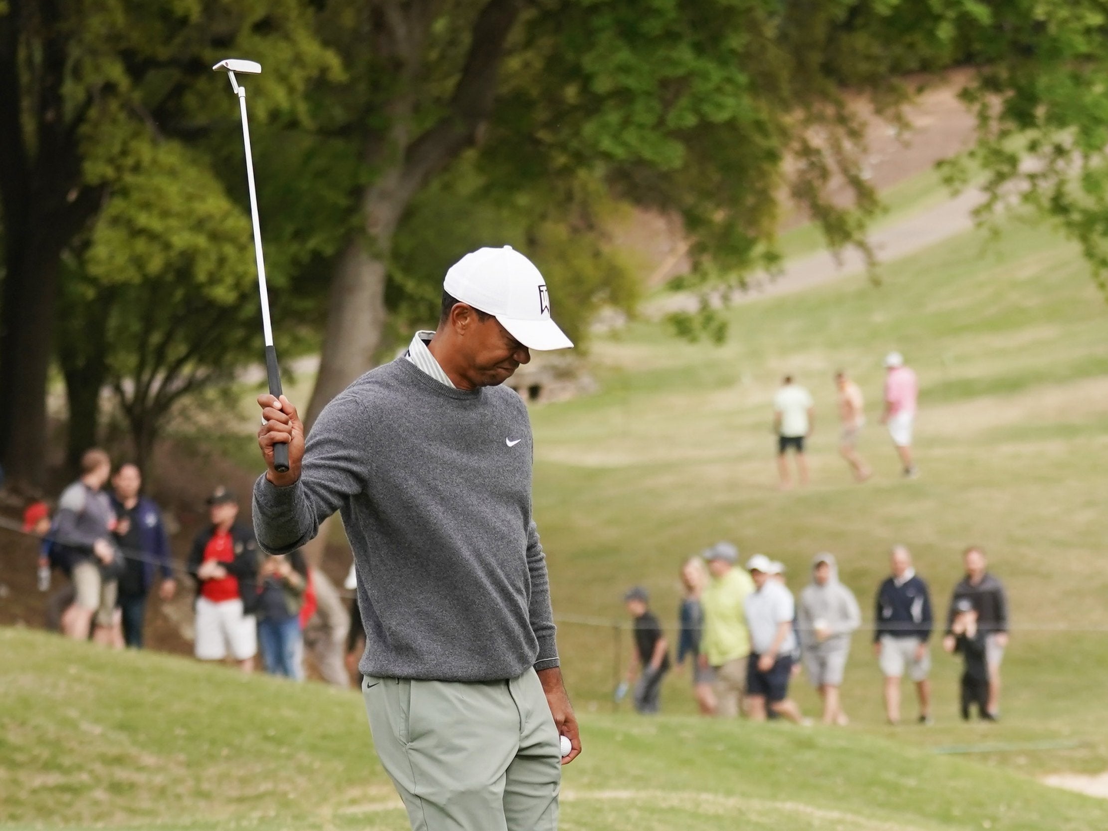 Tiger Woods reacts on the 18th on the way to defeat against Bjerregaard