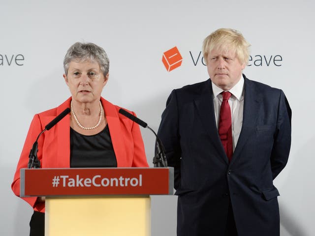 Former chair of Vote Leave Gisela Stuart and Boris Johnson speak at a press conference following David Cameron’s resignation