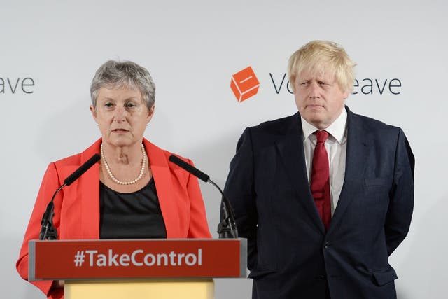 Former chair of Vote Leave Gisela Stuart and Boris Johnson speak at a press conference following David Cameron’s resignation