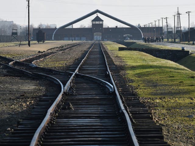 Train tracks at the former Nazi extermination camp Auschwitz II-Birkenau in Oswiecim, Poland