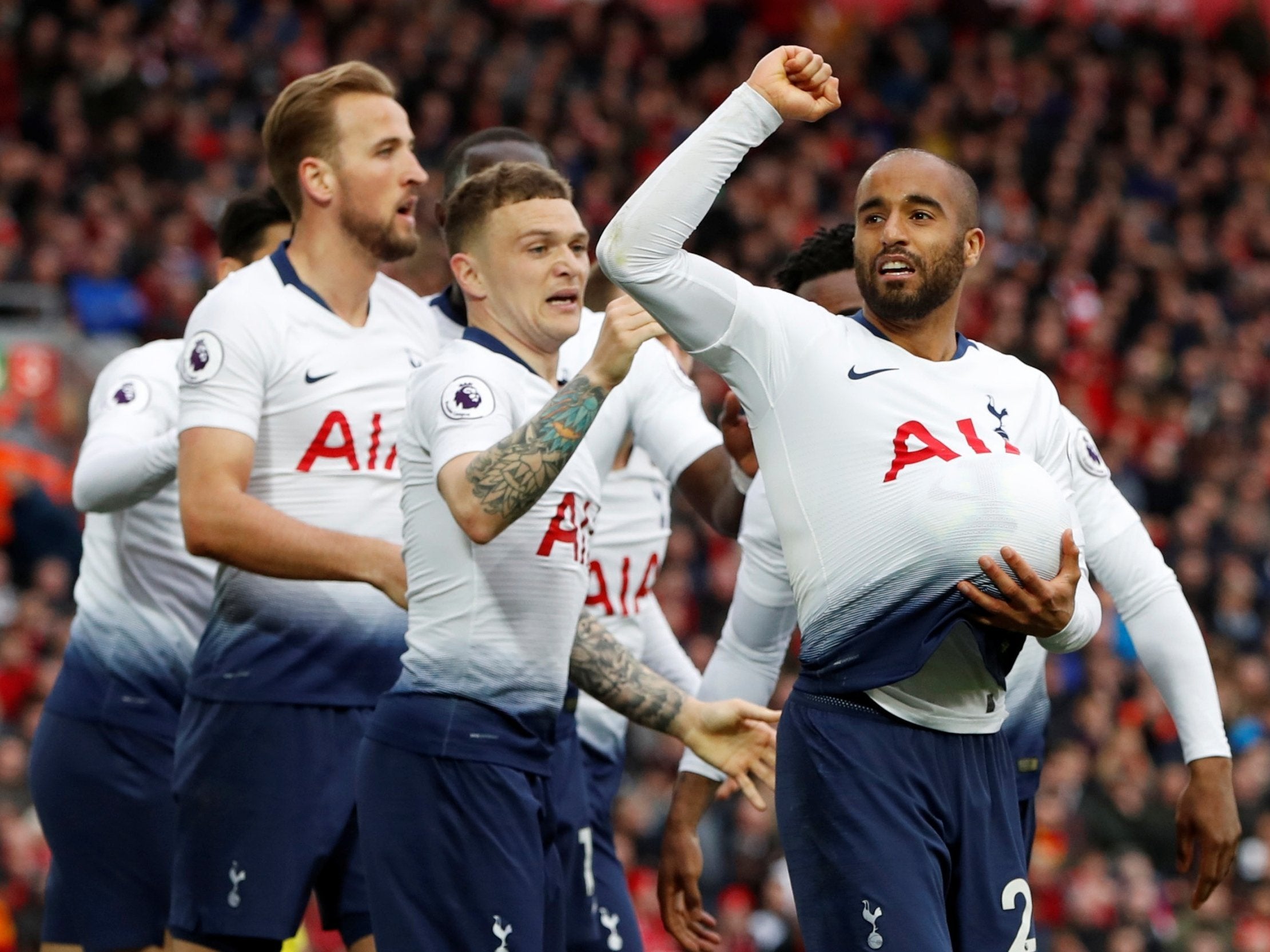 Lucas Moura celebrates scoring an equaliser for Spurs against Liverpool