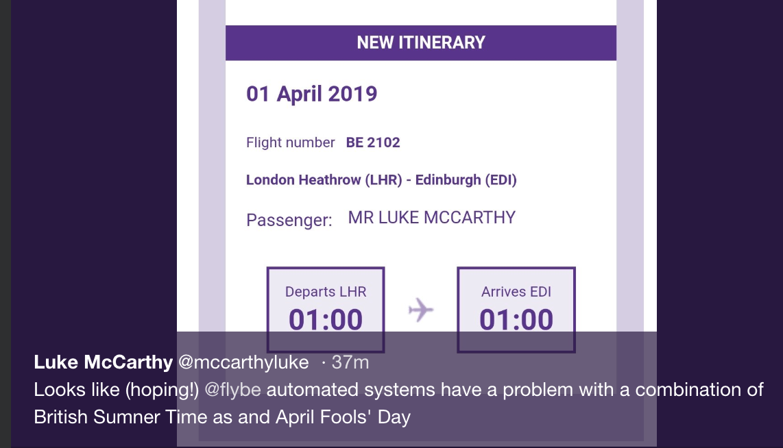 Zero hours: the apparent flight time from Heathrow to Edinburgh