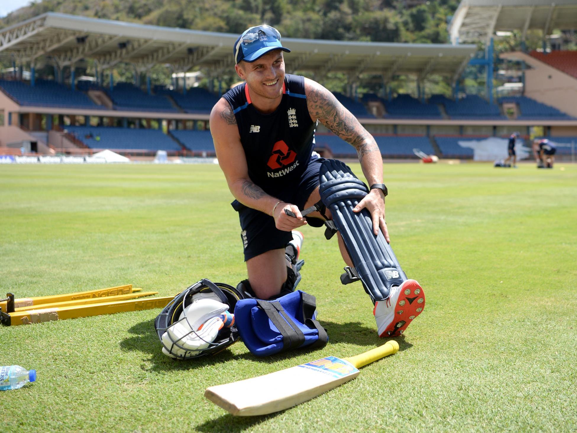 Jason Roy pads up for a nets session in Grenada