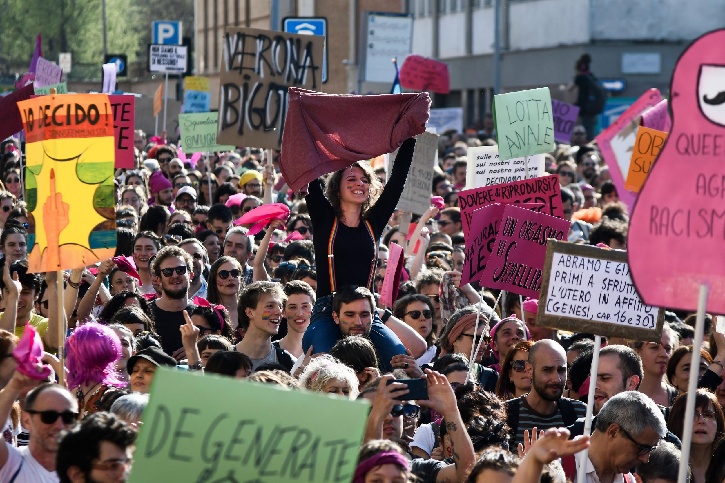 Members of feminist groups and associations defending LGBT+ rights take part in protest at the World Congress of Families conference in Verona