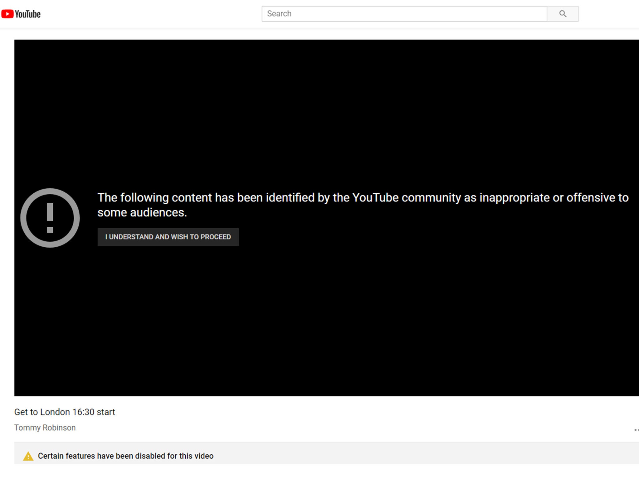 A warning now appears on YouTube videos on Tommy Robinson’s personal channel