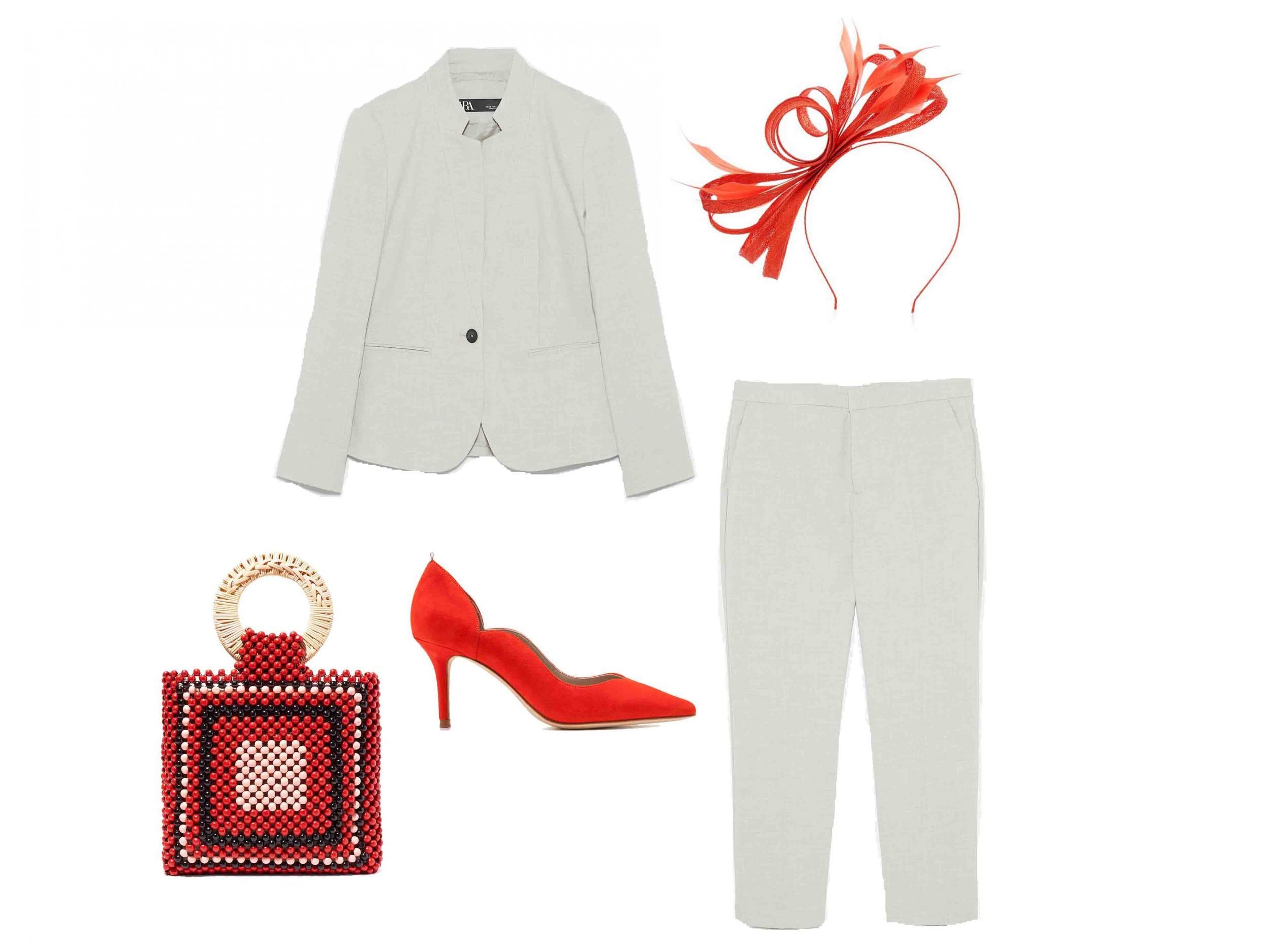 Inverted Lapel Blazer, £29.99 and Skinny Trousers, £19.99, Zara; J by Jasper Conran, Orange Amy Feather Band Fascinator, £25.60, Debenhams; Madison Courts; £58.80, Boden