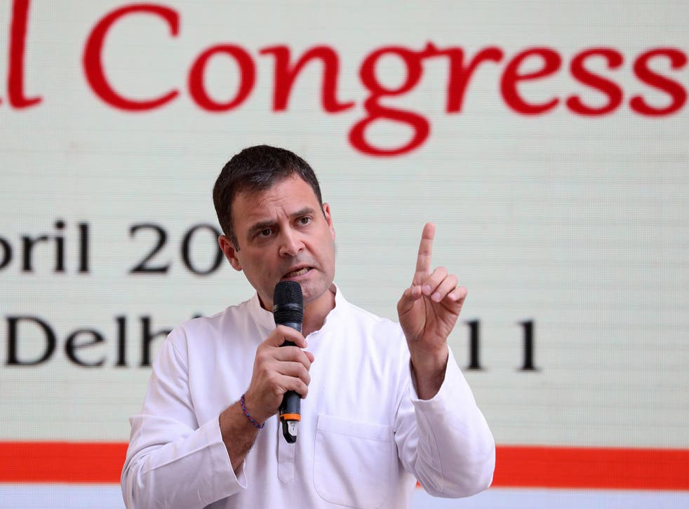 President of the Congress party Rahul Gandhi speaks after releasing its election manifesto