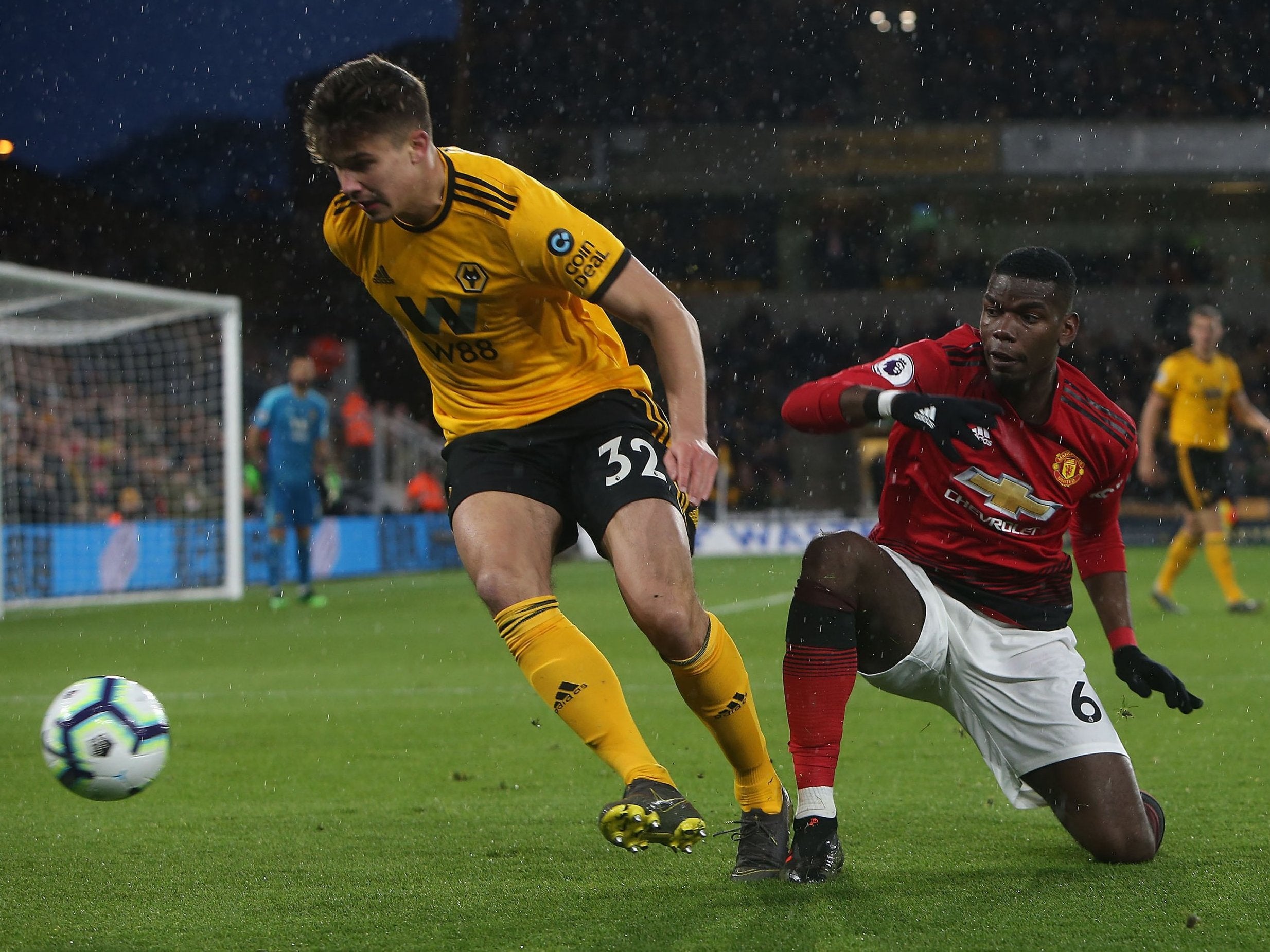 Leander Dendoncker skips away from Paul Pogba