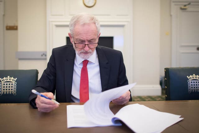 Labour leader Jeremy Corbyn looks at the Political Declaration, setting out the framework for the future UK-EU relations, at his office in the Houses of Parliament