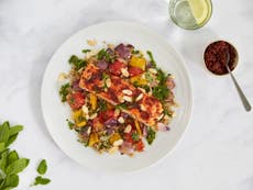 Harissa salmon, herb dressing and veggie quinoa, recipe