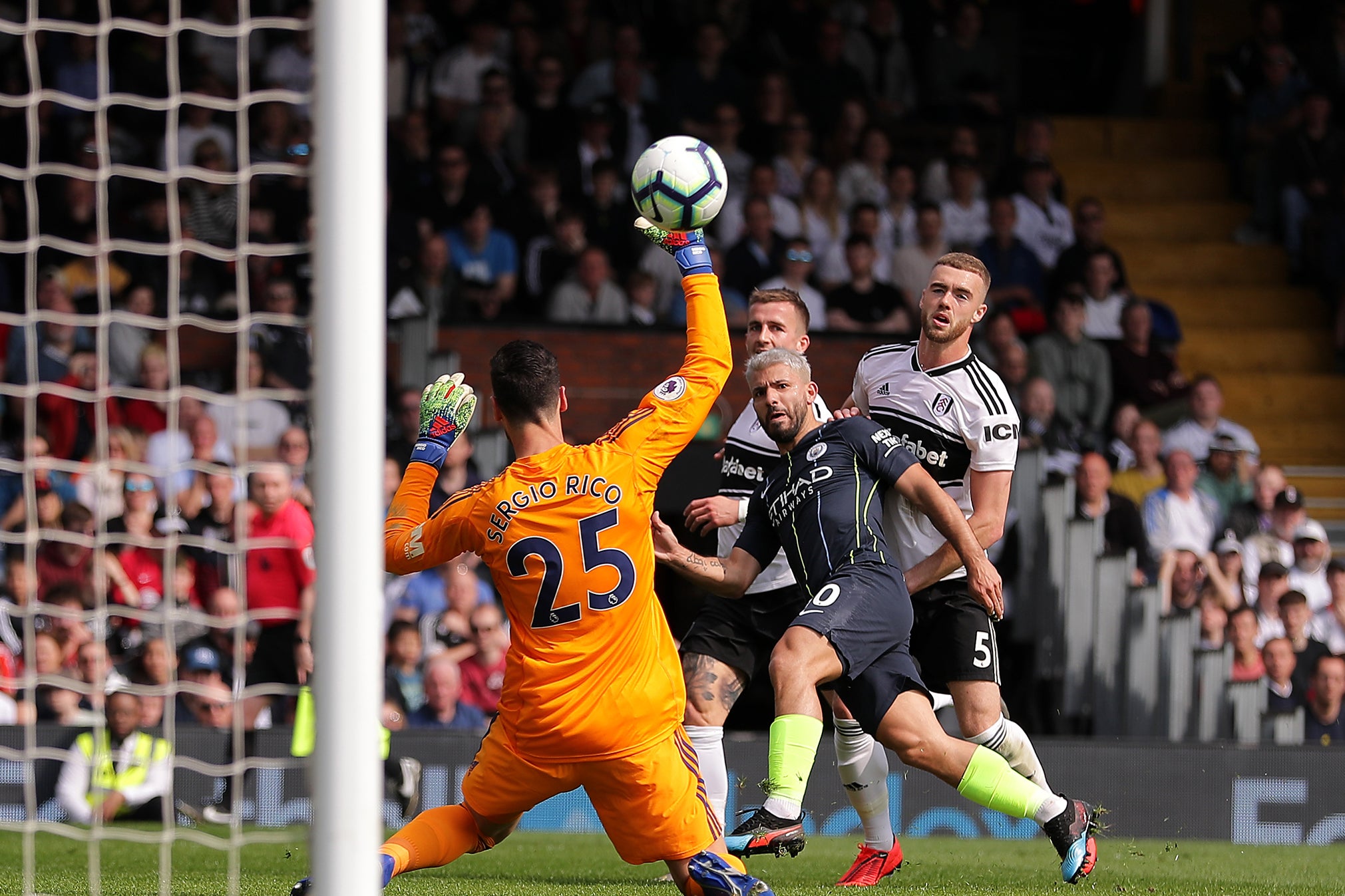 Sergio Aguero scores one of the 76 goals conceded by Fulham in the Premier League this season (Getty)