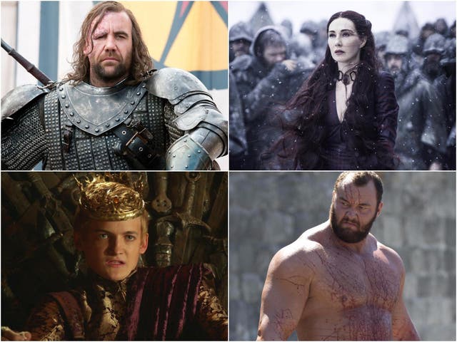 Clockwise from top right: The Hound, Melisandre, The Mountain, and Joffrey Baratheon