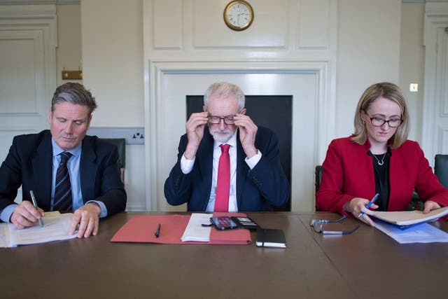 Labour leader Jeremy Corbyn, shadow Brexit secretary Keir Starmer and shadow business secretary Rebecca Long-Bailey preparing for Wednesday’s meeting with Theresa May