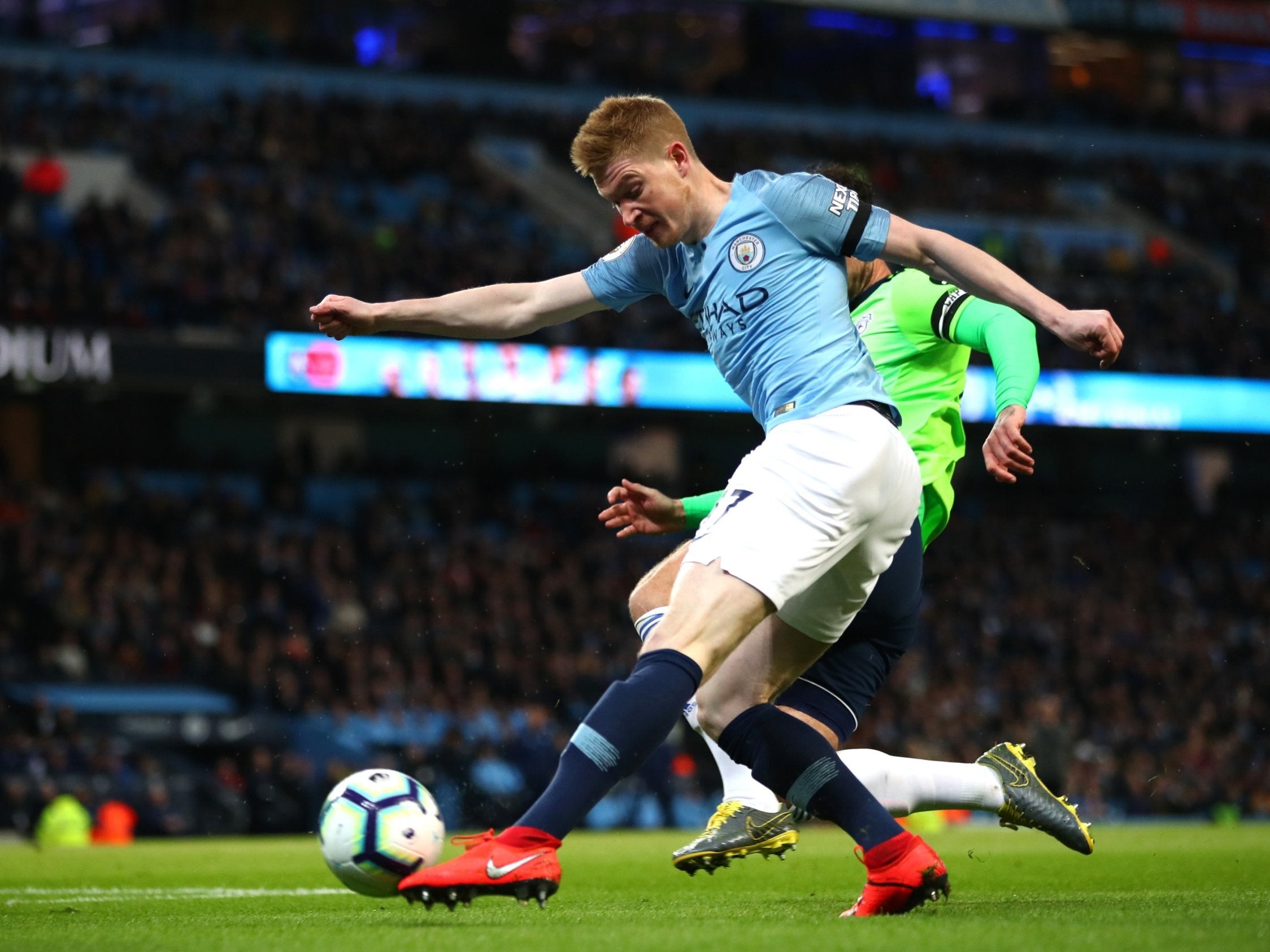 Kevin De Bruyne fires in City’s opener from a tight angle