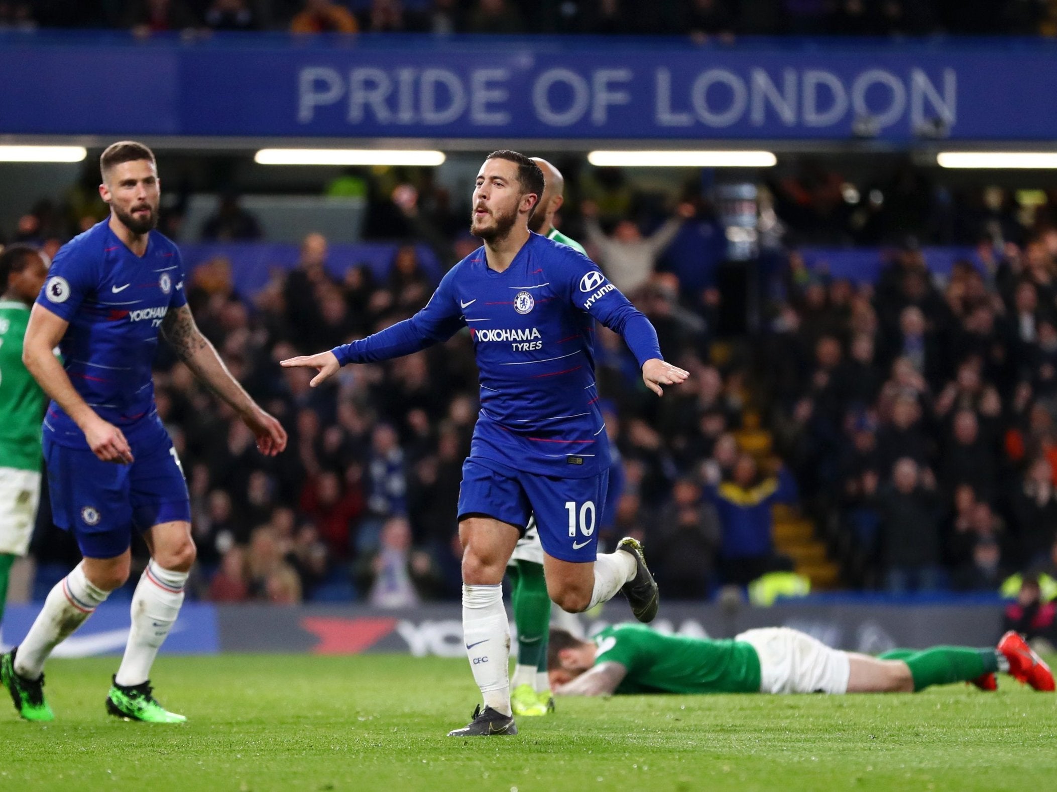 Eden Hazard celebrates after scoring Chelsea's second of the game