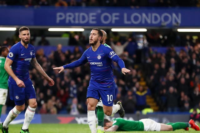 Eden Hazard celebrates after scoring Chelsea's second of the game