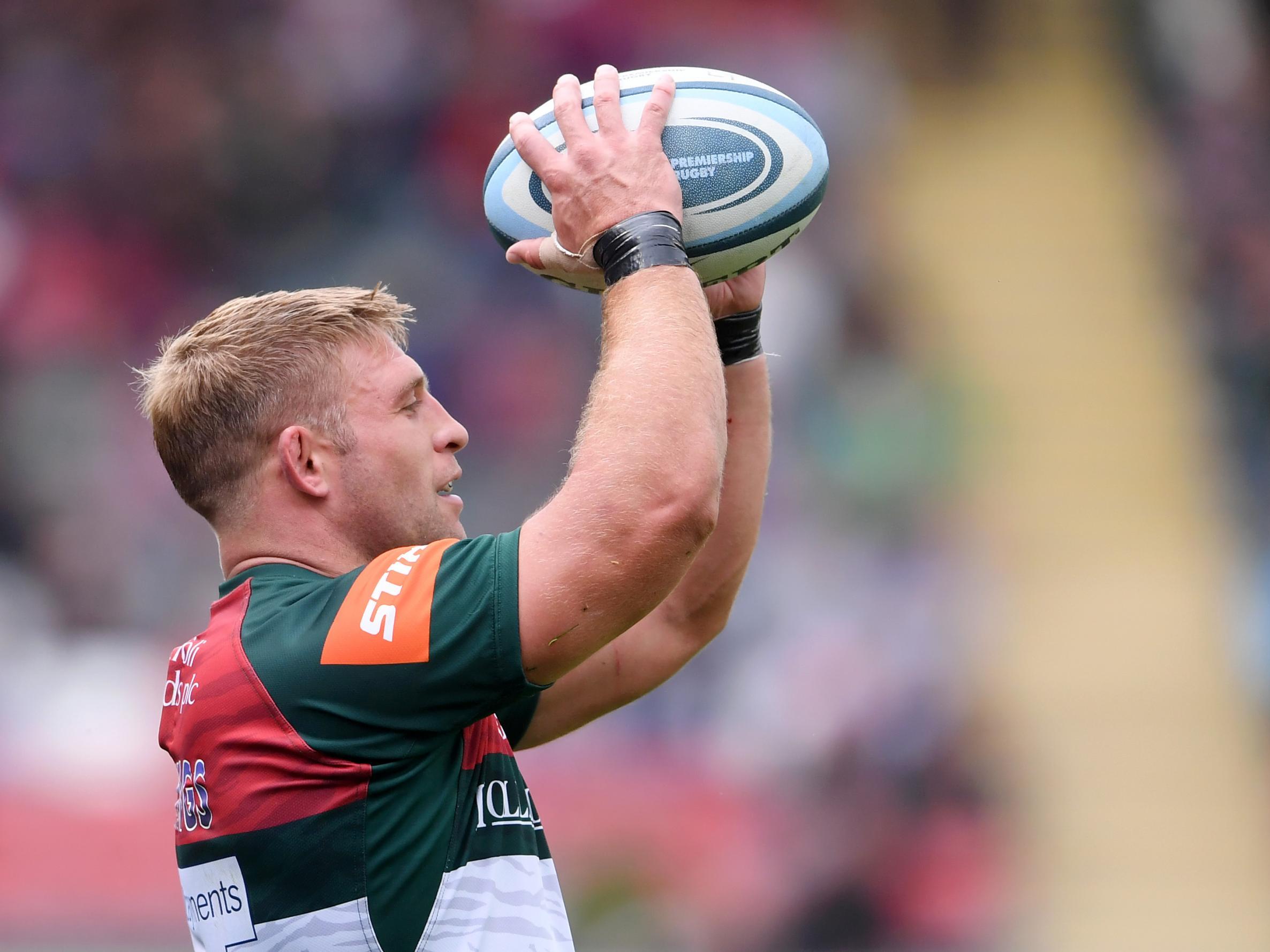Tom Youngs in action at a line-out for Leicester