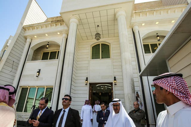Saudi diplomatic staff at the inauguration of the new Saudi consulate compound in the high security "Green Zone" in Baghdad