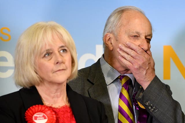 Labour victor Ruth Jones and Ukip candidate Neil Hamilton, who finished third, react as the result was announced yesterday
