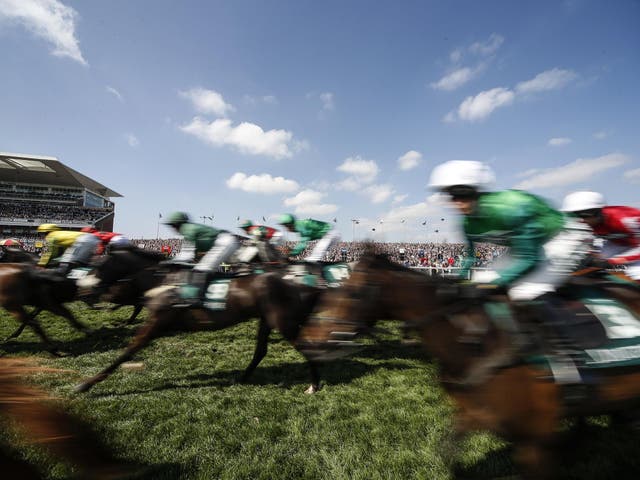 A general view as runners pass the racegoers at Aintree racecourse