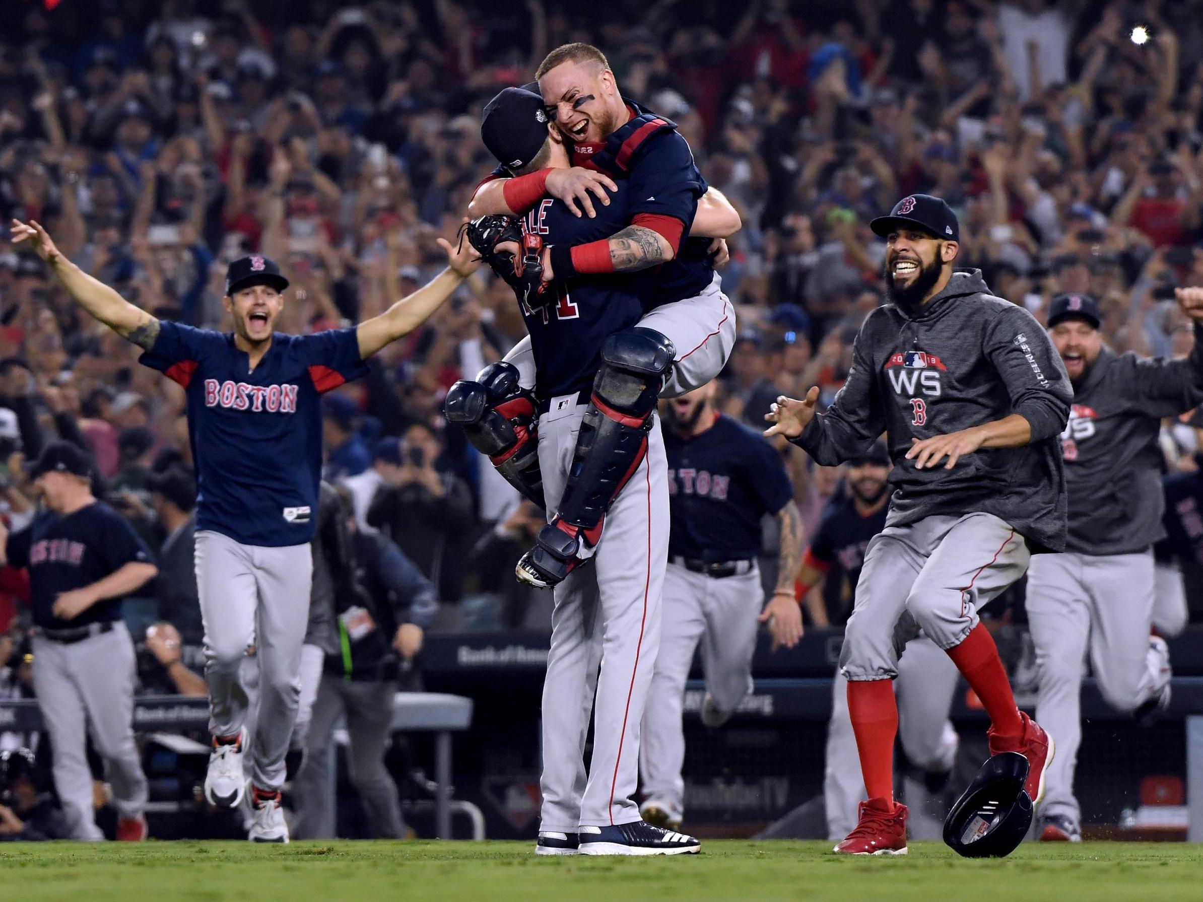 The Boston Red Sox celebrating a win