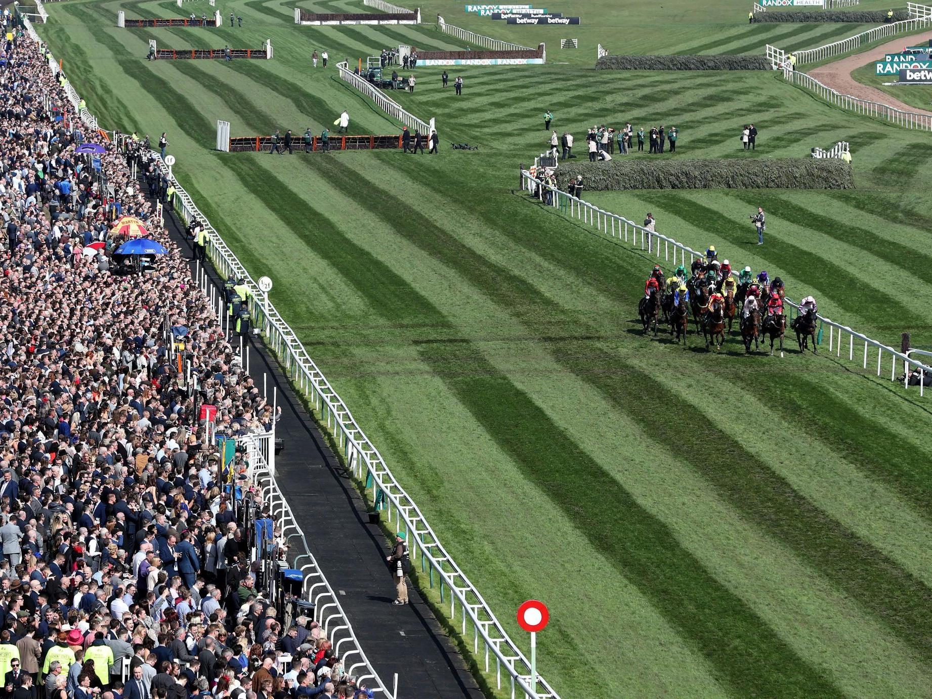 Horses and riders in the The Gaskells Handicap Hurdle race