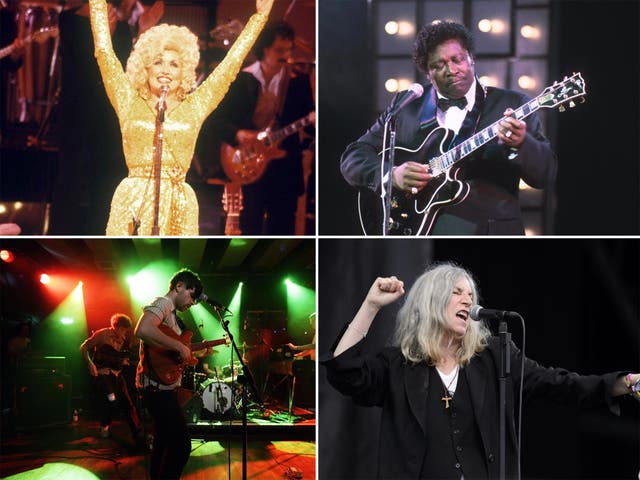 Clockwise from top left: Dolly Parton, BB King, Patti Smith, Foals