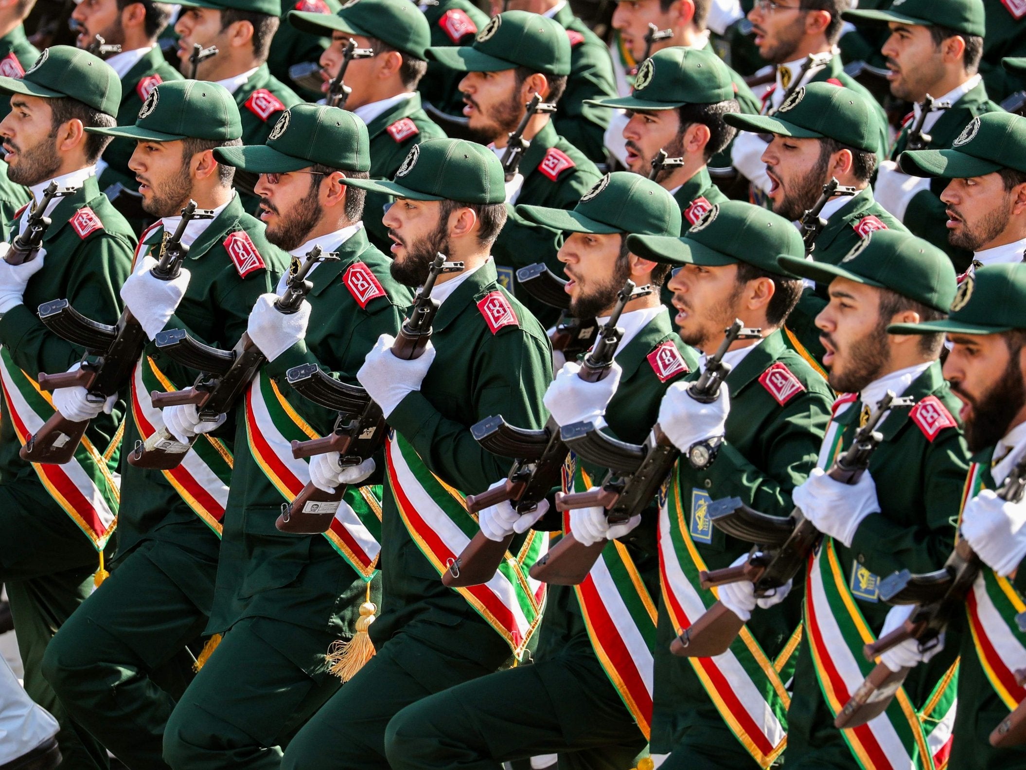 Members of Iran's Revolutionary Guards Corps (IRGC) march during the annual military parade marking the anniversary of the outbreak of the devastating 1980-1988 war with Saddam Hussein's Iraq, in the capital Tehran