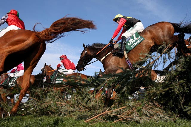 Horses clear one of the Grand National's 16 fences