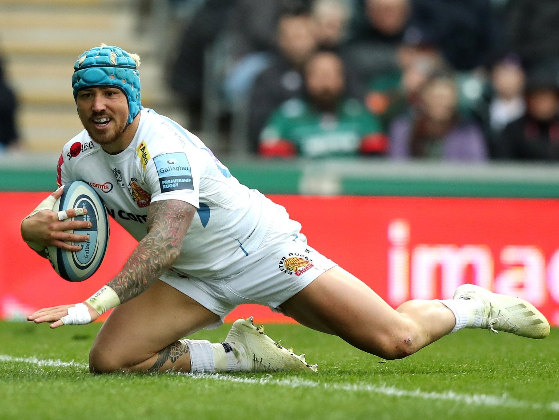 Jack Nowell smiles as he crosses the line for Exeter