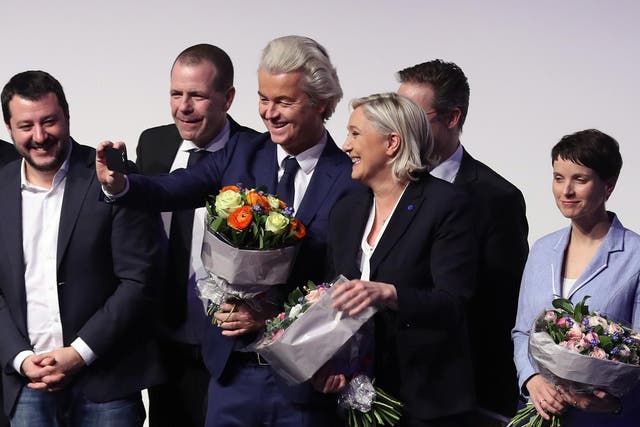 (From left to right) Matteo Salvini, Harald Vilimsky, Geert Wilders, Marine Le Pen and Frauke Petry greet supporters at a conference of European right-wing parties on January 21, 2017 in Koblenz