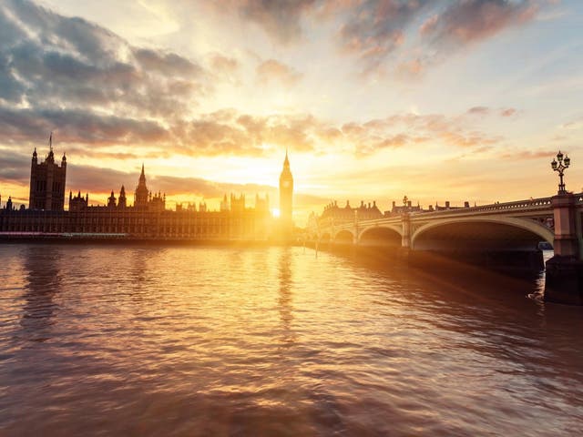 Houses of Parliament and Westminster Bridge at sunset in London, United Kingdom