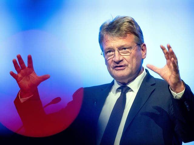 Joerg Meuthen addresses the launch of their European Parliament election campaign in Offenburg, western Germany on April 6, 2019