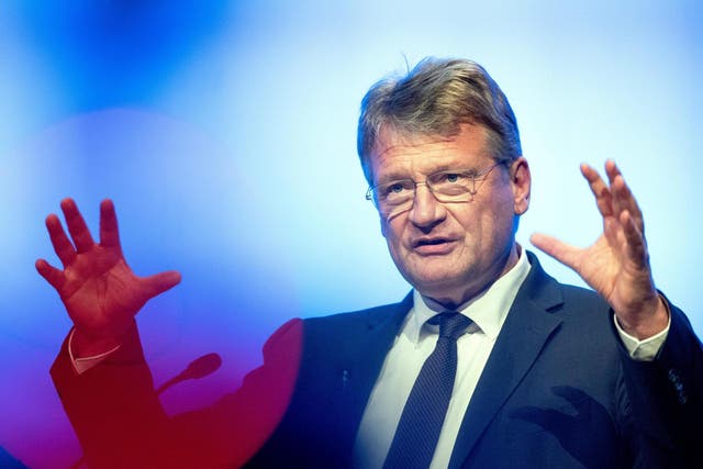 Joerg Meuthen addresses the launch of their European Parliament election campaign in Offenburg, western Germany on April 6, 2019