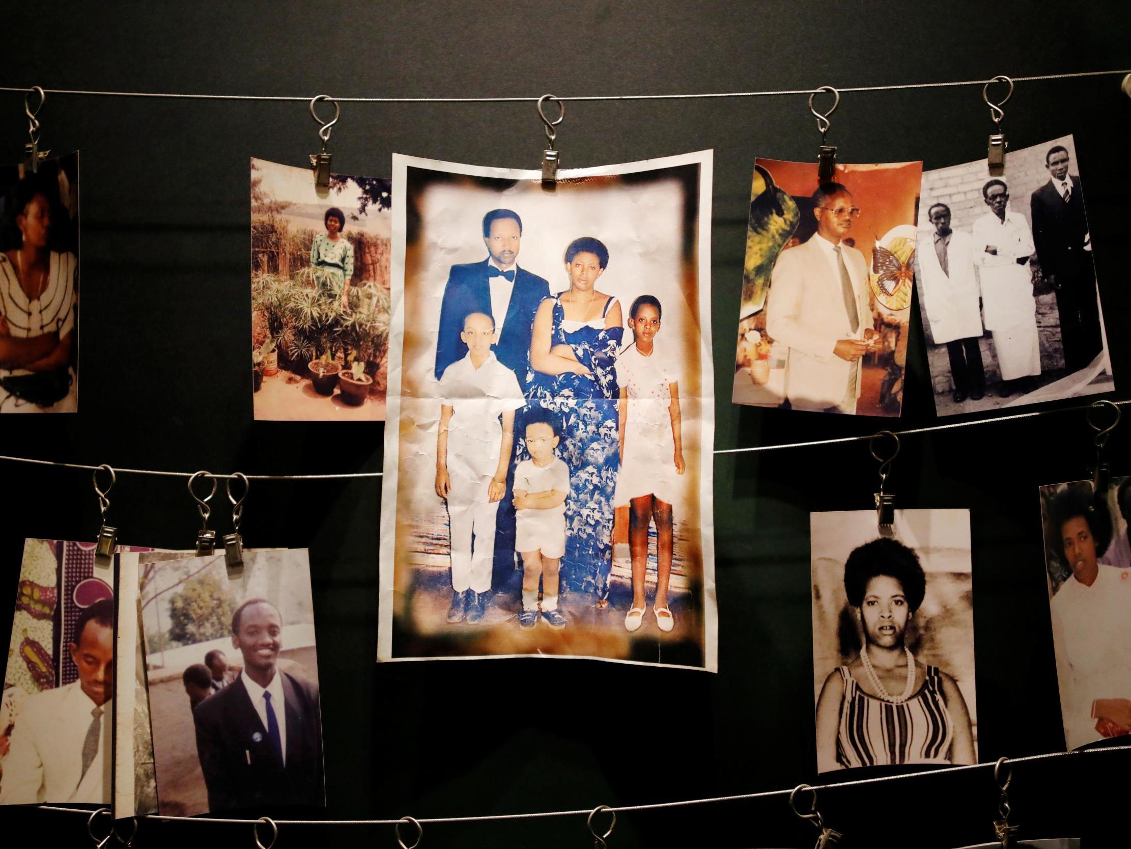 Pictures of the Rwandan Genocide victims donated by survivors are displayed at an exhibition at the Genocide Memorial in Gisozi in Kigali, Rwanda 6 April 2019