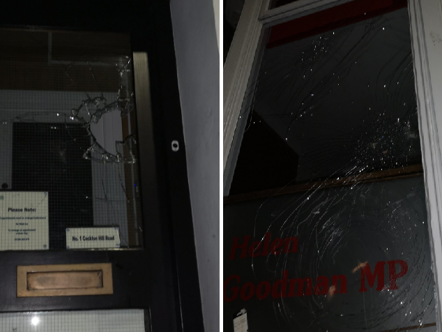 Windows in Helen Goodman's constituency office smashed by vandals